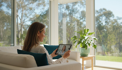 A woman relaxing on a comfortable couch at home having a telehealth consultation on a tablet with a dermatologist.