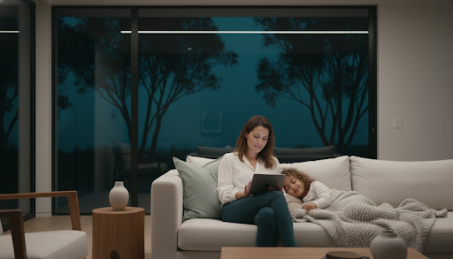 A mother sitting on a living room couch at night using a tablet next to her sleeping child for an after-hours online doctor consultation.