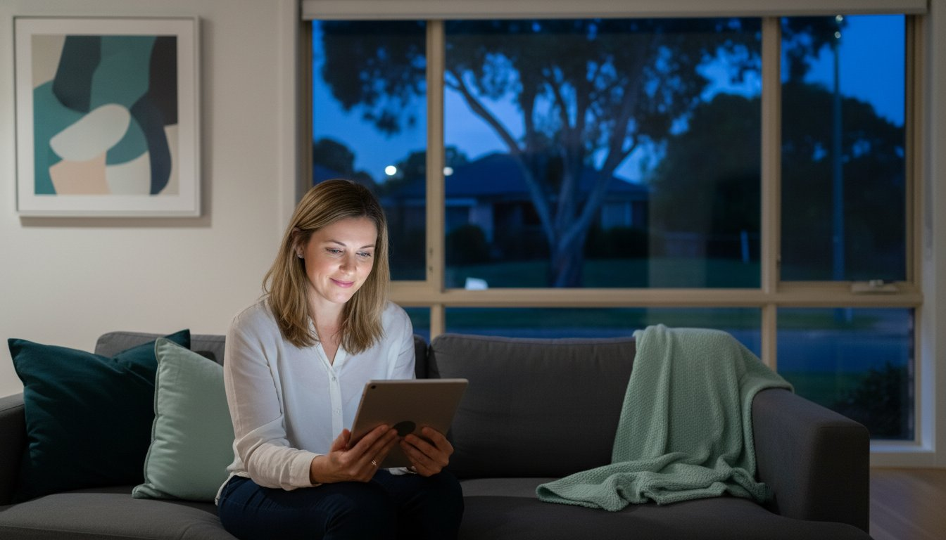 A woman sitting on a comfortable couch at night using a tablet for after-hours telehealth medical advice.
