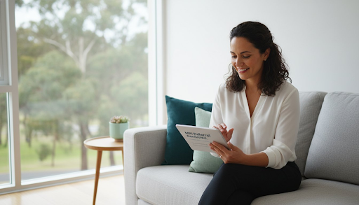 A smiling woman sitting on a comfortable couch in a bright living room holding a tablet with an MRI referral confirmed screen.